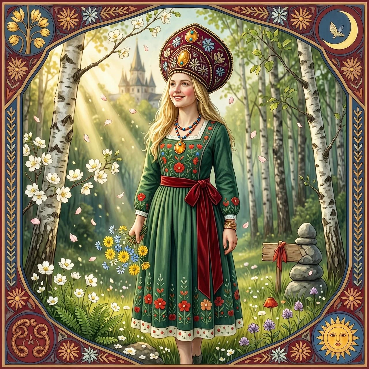 Russian Russians: A detailed portrait of a young woman of Slavic appearance from the 16th century in a traditional long Russian sundress and a traditional Russian cocoanut headdress, with blonde hair against the background of a spring blooming forest, in full growth. In the Glitter style: magical realism, natural symphony, shapes dissolve into color, lines flow like water, translucent layers with a watercolor texture, intricate ornaments at the corners of the composition.
High quality, 4k, octane, cinematic lighting, dramatic composition, eyes with increased detail, delicate skin texture, professional photography, depth of field, Leica camera, artstation trends, spectacular lighting, mystical atmosphere, detailed textures, volumetric lighting, works by Viktor Vasnetsov and Ivan Bilibin, gouache painting style, style Russian fairy tales, photorealism. An atmosphere of joy and serenity.