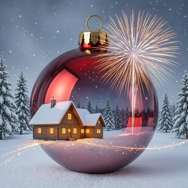 A hyperrealistic digital double exposure artwork for New Year's. Three distinct images are seamlessly blended: the detailed, reflective surface of a red glass bauble, a snowy fairytale landscape with a cozy cottage, and the vibrant, colorful explosion of a firework in a night sky. Expert mixing of textures – smooth glass, soft snow, sparkling light trails. Rendered in a trending Artstation style with extreme photorealism, intricate details, and a magical, layered composition that evokes holiday wonder.