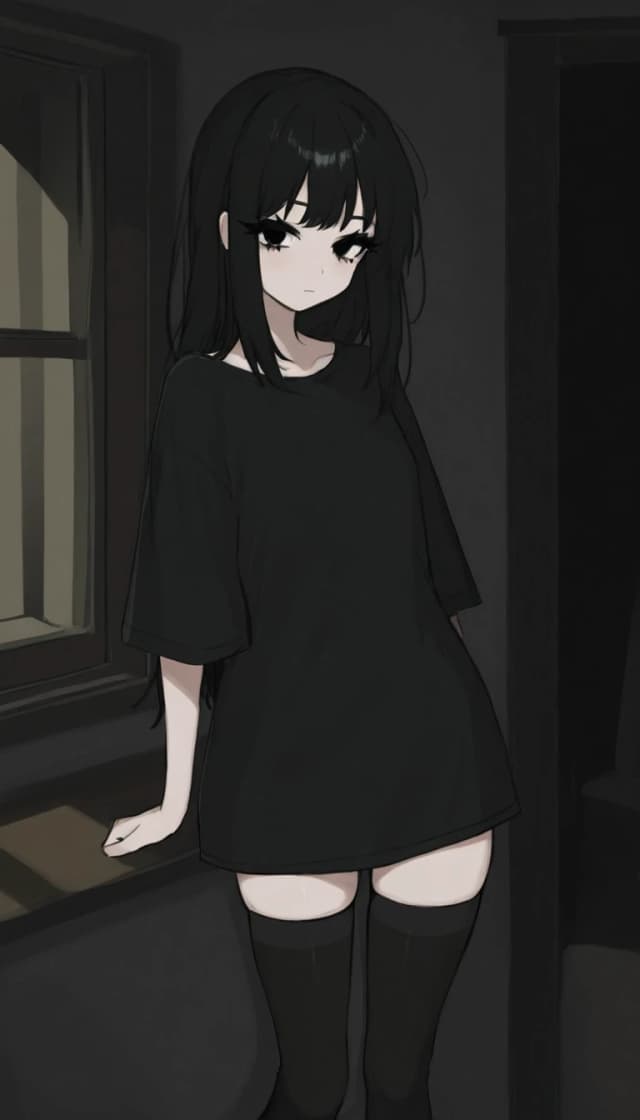 темная комната с окном. милая anime moe девушка. черные волосы. черные глаза. черные ресницы. черная длинная футболка черные чулки носки. низкорослая с плоской фигурой