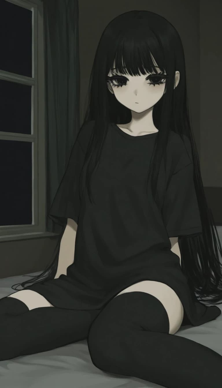 темная комната с окном. милая anime moe девушка. черные волосы. черные глаза. черные ресницы. черная длинная футболка черные чулки носки. низкорослая с плоской фигурой