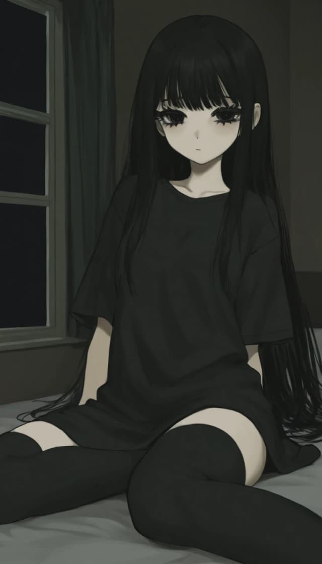 темная комната с окном. милая anime moe девушка. черные волосы. черные глаза. черные ресницы. черная длинная футболка черные чулки носки. низкорослая с плоской фигурой