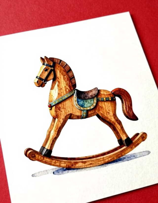 A masterpiece. Creating an image. The style is watercolor painting. Delicate watercolor on raw, on paper.((Wooden carved rocking horse on a red background:1.6)). High resolution. High detail and clear texture. Intense close-up. High quality. Increased attention to small details. The aspect ratio is 3:4. Artists - Levitan, Shishkin.u