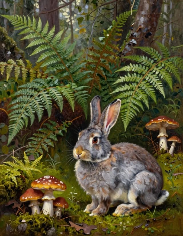 A masterpiece. Creating an image. Style - oil painting. ((A secluded forest glade among ferns, mushrooms and moss, with a gray bunny sitting in the foreground:1.6)). High resolution. High detail and clear texture. Close-up. High quality. Increased attention to small details. The aspect ratio is 3:4. Artists - Levitan, Shishkin.k