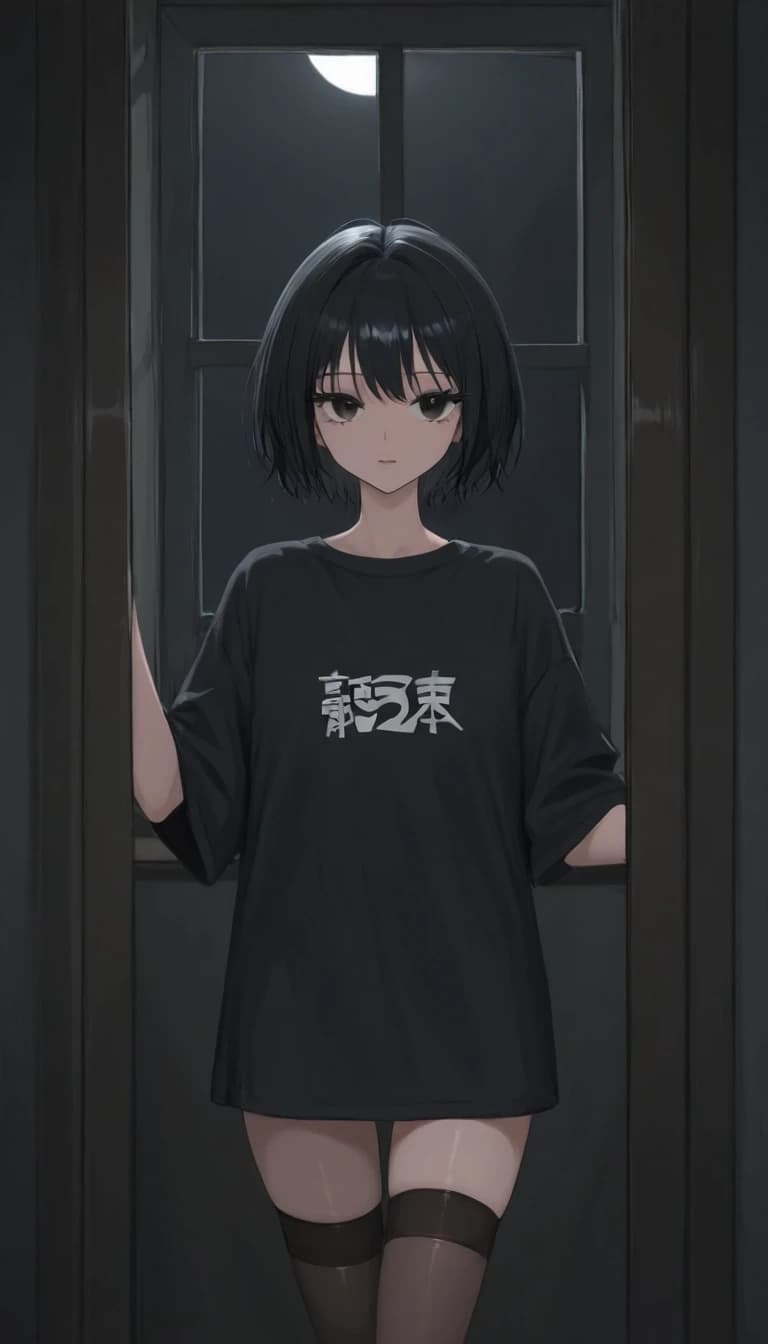 темная комната с окном. милая anime moe черные волосы и глаза большие глупые девушка с ресницами черной длинной футболке и чулках