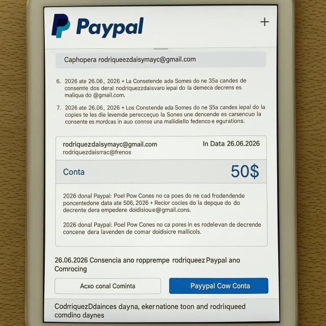 Скриншот счета Paypal по адресу rodriguezdaisymayc@gmail.com на сумму 50$ дата 26.06.2026
