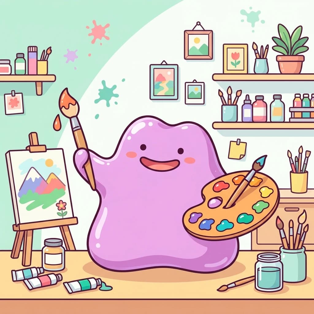 Flat vector illustration, cute glossy Ditto character holding a paintbrush and a vibrant color palette, artistic creative theme, soft pastel mint green and white background, studio lighting, clean 2d anime vector style, consistent colors, --ar 4:3 --niji 6