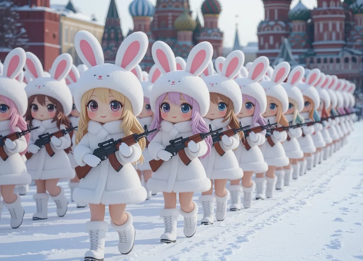 Cute kawaii chibi-style anthropomorphic bunny girls marching in dense multiple parallel rows on snowy Red Square in Moscow.

Many ranks of adorable chibi rabbit girls with big sparkling eyes, fluffy bunny ears and small tails, each wearing a fluffy white winter fur coat, white bunny-ear ushanka hat and white boots.

They have diverse hair colors: light brown, blonde, soft pink, light blue, lavender, silver, peach, mint, etc.

Each girl holds a stylized cute pastel-colored AK-style rifle (pink, lavender, light blue).

They are marching forward in neat military parade formation, several deep rows stretching into the distance.
Winter landscape: thick white snow covering the ground, soft falling snowflakes in the air, snow on the roofs and walls.

Background: Spasskaya Tower with clock on the left, colorful onion domes of Saint Basil’s Cathedral on the right, pale winter sky with light clouds.
Highly detailed chibi anime style, soft pastel colors, wholesome and adorable atmosphere, clean composition, high quality
