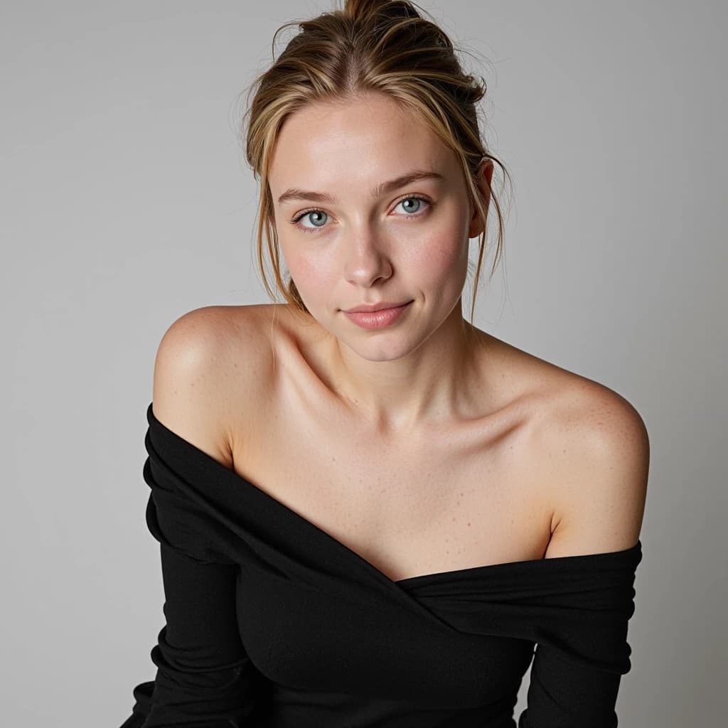 Молодая женщина (примерно 25–28 лет), стройная, светлая кожа, длинные волосы собраны на затылке, голубые/серые глаза, нейтральное уверенное выражение лица с лёгкой полуулыбкой. На ней: Чёрный топ с открытыми плечами. Поза: слегка наклонена вперёд, руки опущены, плечи расслаблены.