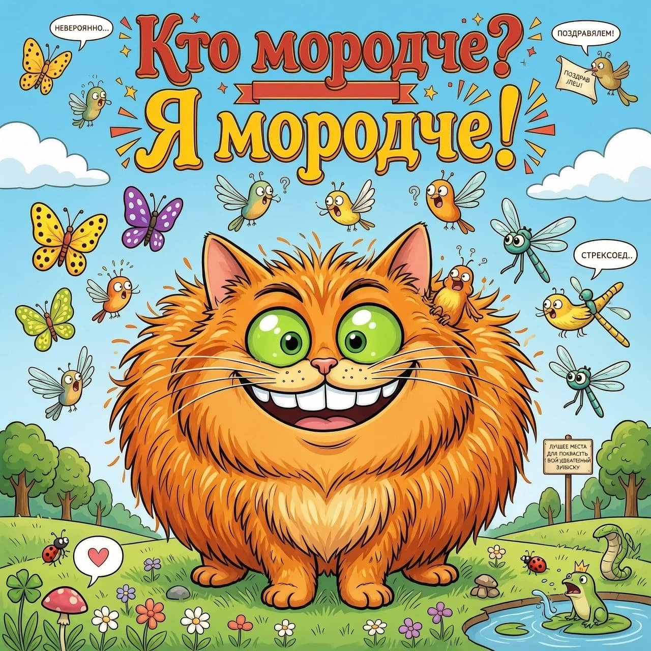 Смешной рыжий гротескный юмористический мультяшный рыжий очень пушистый толстый кот с очень большой широкой, почти от уха до уха, улыбкой и весёлыми зелеными глазами


он - на полянке, где летают лупящие на него удивленные глаза бабочки, стрекозы и стрекозелы, и птичеки

Вверху крупная надпись юмористического креативного стиля с завитушками:

Кто молодец? Я молодец!