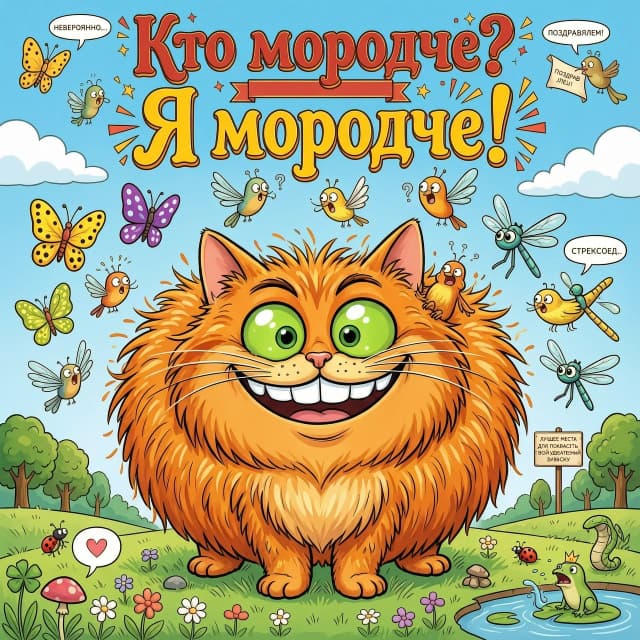 Смешной рыжий гротескный юмористический мультяшный рыжий очень пушистый толстый кот с очень большой широкой, почти от уха до уха, улыбкой и весёлыми зелеными глазами


он - на полянке, где летают лупящие на него удивленные глаза бабочки, стрекозы и стрекозелы, и птичеки

Вверху крупная надпись юмористического креативного стиля с завитушками:

Кто молодец? Я молодец!