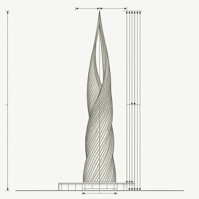 Clean architectural front elevation of a tall twisting metal flame monument, isolated on pure white background. Thin black precise lines, blueprint style, monochrome, dimension lines with small arrows but no numbers, no text, no labels. High detail, vector look. --ar 3:4 --v 6.0 --no text