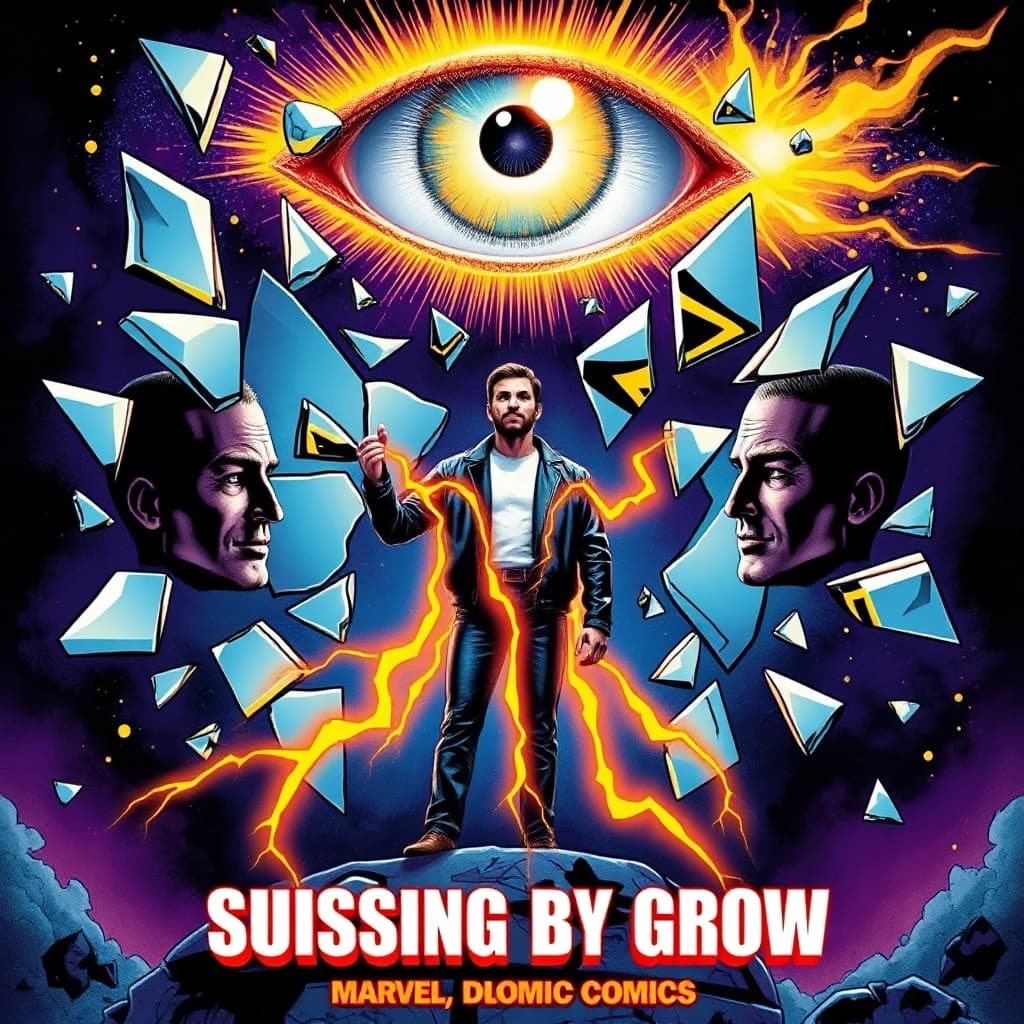 Comic book style cover for "A man stands in the center, surrounded by shattered mirror fragments reflecting different versions of his life. Above him, a giant glowing eye  watches from the cosmic sky. Energetic cocoon of golden electricity surrounds the hero. Dark blue and purple background, neon gold highlights. Bold white title at the bottom with red subtitle. Graphic novel style, high contrast, dramatic lighting, Marvel/DC comics aesthetic.