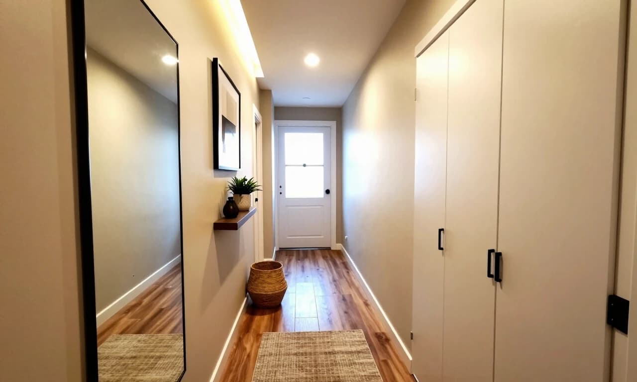 Modern entryway hallway demonstrating multiple design solutions in one space. Left side: large wall mirror reflecting light beige walls and creating visual expansion of the narrow corridor. Warm LED lighting at 2700K color temperature creating cozy atmosphere, soft textile rug on wooden floor adding comfort and texture. Decorative accents: framed abstract artwork on wall, small potted plant on floating shelf, decorative woven basket. Practical wear-resistant materials: laminate flooring with wood texture showing durability, washable paint on walls in neutral tones, closed storage cabinet with smooth white facades for organization. The space balances aesthetics and functionality - mirrors for expansion, warm lighting for coziness, art for personality, durable materials for practicality. Natural daylight from window at end of hallway mixed with warm artificial lighting. Documentary interior photography style, realistic and slightly imperfect, no people, no human hands, no text labels or signs on any objects, camera at eye level, photorealistic, 8k resolution --ar 16:9 --style raw