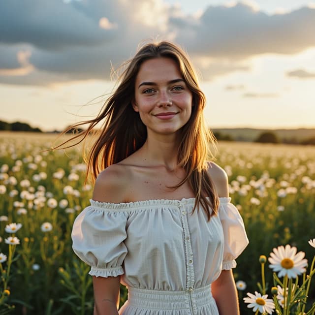 A radiant young woman standing waist-up in a sun-drenched meadow of white daisies, smiling softly as warm golden hour sunlight illuminates her freckled skin and windswept light brown hair, wearing an off-the-shoulder billowy white peasant dress with delicate ruffles, three-quarter portrait, slight upward gaze, natural relaxed expression, painterly oil painting aesthetic with visible brushstrokes and soft impasto highlights, rich warm color palette of golds, greens and soft blues, luminous skin tones with rosy cheeks, shallow depth of field with soft bokeh wildflowers in foreground and background, dramatic cumulus clouds on the horizon, gentle breeze movement in hair and fabric, cinematic soft rim lighting, romantic dreamy atmosphere, highly detailed face and textures, subtle film grain and canvas texture for authentic traditional oil painting feel, balanced composition and harmonious lighting.