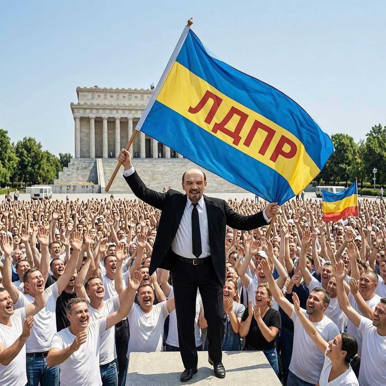 Владимир Ленин на фоне мавзолея разрывает сине-жёлтое знамя ЛДПР.  Толпа ликует! Солнечно.
