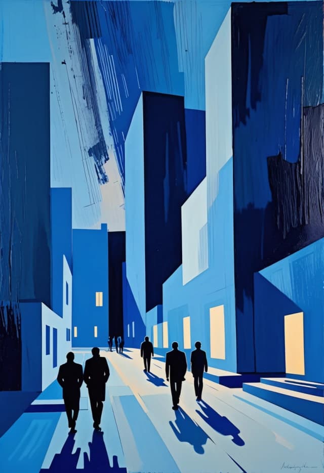 In the style of Malcolm T. Leipke
on a blue background,
night landscape, modern architectural landscape, walking silhouettes of people, angular, nervous brushstrokes, on a rough background, pastel, unfinished study
minimalism