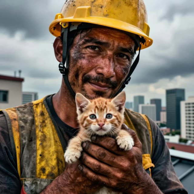 Hyper-realistic extreme close-up portrait of a rugged roof repair worker with weather-beaten skin and a grit-covered face, wearing a yellow hard hat. He is cradling a tiny, fluffy ginger kitten in his huge, calloused hands. The worker's expression is a mix of toughness and sudden tenderness, a soft smile in his eyes. Low angle shot looking up, creating a dizzying sense of height. In the background, a blurred dizzying drop to a detailed modern city skyline under a dramatic cloudy sky. High detail on skin pores, sweat, fabric of the work vest, and the kitten's wet nose and fluffy fur. Cinematic lighting, volumetric fog, depth of field, 8k resolution, photorealistic.