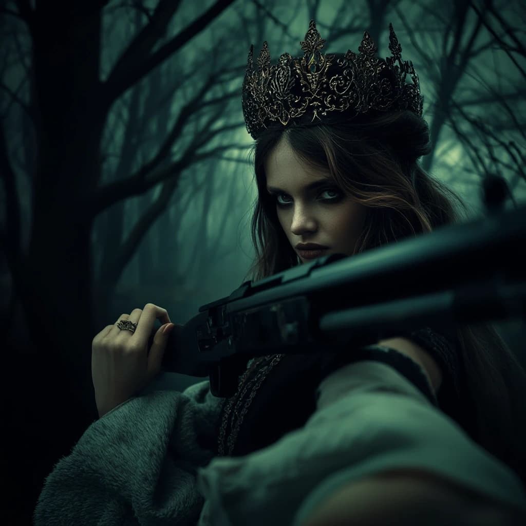 Aristocratic Irresistible Female Hunter, Panorama, Gloomcore, pov, fine artistic composition, magical atmosphere, cinematic perfect intricate stunning fine detail, background inspired, ambient illumination, sublime, great composition, theatrical, illustrious quality