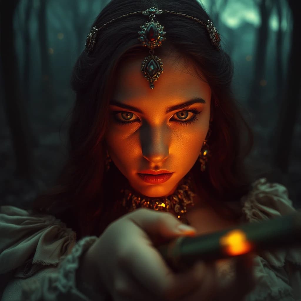 Aristocratic Irresistible Female Hunter, Panorama, Gloomcore, pov, fine artistic composition, magical atmosphere, cinematic perfect intricate stunning fine detail, background inspired, ambient illumination, sublime, great composition, theatrical, illustrious quality