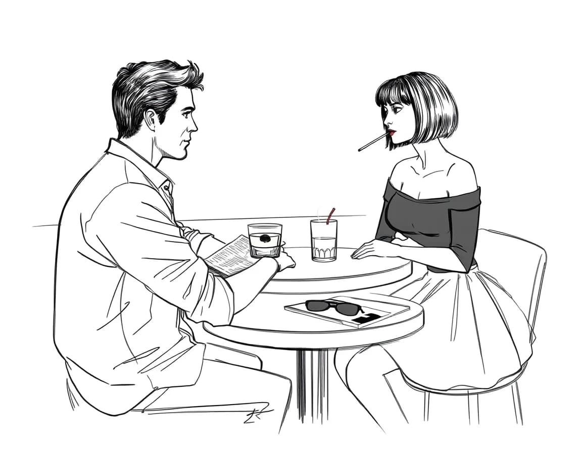 A gray background, a sketchy outline with thin, transparent lines. A very handsome 30-year-old Slavic man, wearing a khaki shirt with rolled-up sleeves, sits at a table in the bar, seen from the side. On the table are a newspaper, a glass of whiskey, and an ashtray with a cigarette. Across from him sits a very beautiful young woman, resembling 23-year-old Megan Fox, with dark hair cut into a bob with bangs, wearing a very fashionable short, full skirt and a black, off-the-shoulder, three-quarter-length sleeve top. She's smoking a thin cigarette. On the table in front of her lies a fashion magazine, topped with a pair of stylish sunglasses. The man and woman look at each other. Vicente Romero Redondo, Lee Bogle, Konstantin Razumov, Harrison Fisher.