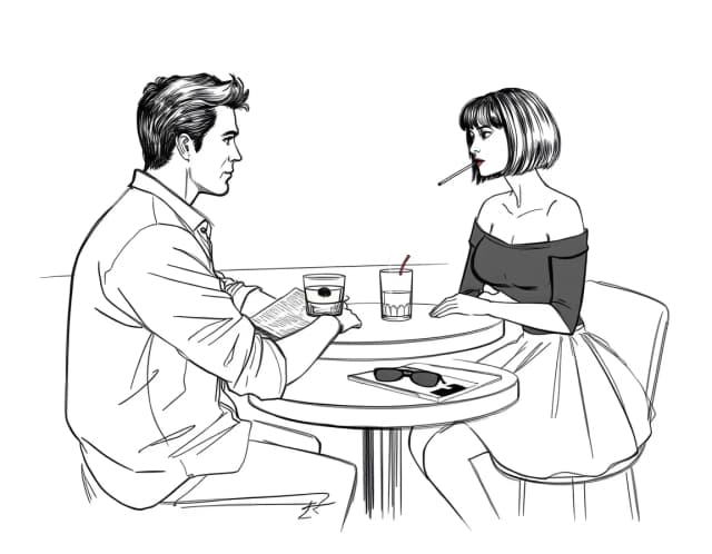 A gray background, a sketchy outline with thin, transparent lines. A very handsome 30-year-old Slavic man, wearing a khaki shirt with rolled-up sleeves, sits at a table in the bar, seen from the side. On the table are a newspaper, a glass of whiskey, and an ashtray with a cigarette. Across from him sits a very beautiful young woman, resembling 23-year-old Megan Fox, with dark hair cut into a bob with bangs, wearing a very fashionable short, full skirt and a black, off-the-shoulder, three-quarter-length sleeve top. She's smoking a thin cigarette. On the table in front of her lies a fashion magazine, topped with a pair of stylish sunglasses. The man and woman look at each other. Vicente Romero Redondo, Lee Bogle, Konstantin Razumov, Harrison Fisher.
