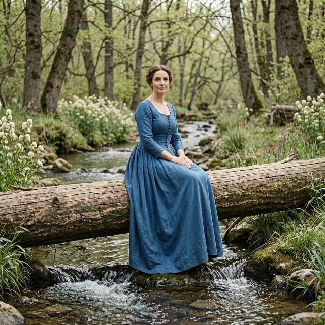 женщина в длинном синем платье сидит  на бревне перекинутым над ручьем ,классицизм