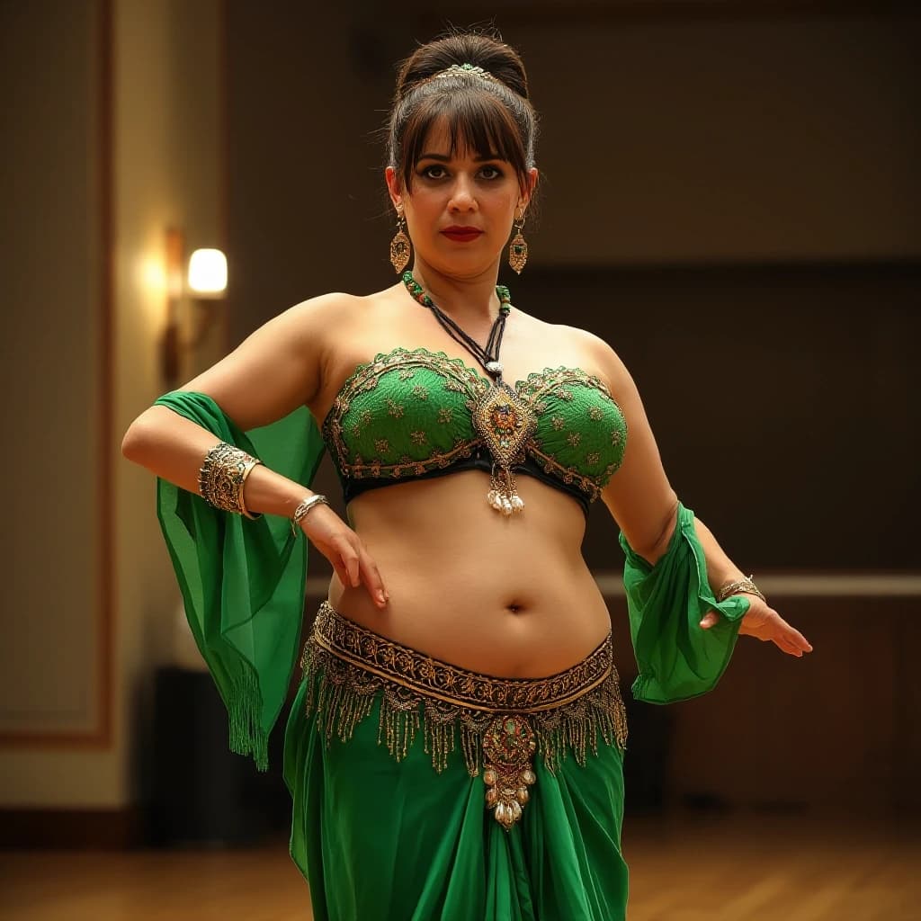 front view chubby belly dancer fifty years woman in green costume brown short ponytail hair stand in hall