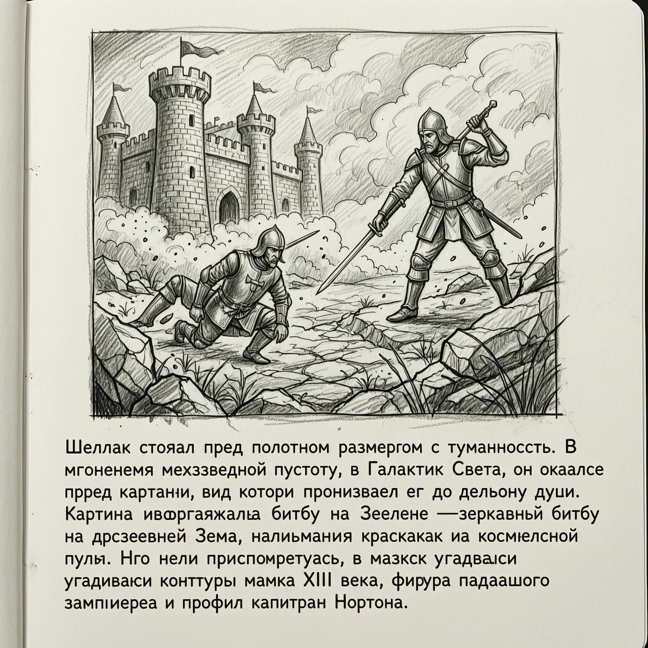 черно-белый рисунок карандашом без слов на рисунке
по тексту:  Шеллак стоял перед полотном размером с туманность. В мгновениях межзвёздной пустоты, в Галактике Света, он оказался перед картиной, вид которой пронизывал его до глубины души. Картина изображала битву на Зелене — зеркальную битву на древней Земле, написанную красками из космической пыли. Но если присмотреться, в мазках угадывались контуры замка XIII века, фигура падающего тамплиера и профиль капитана Нортона.