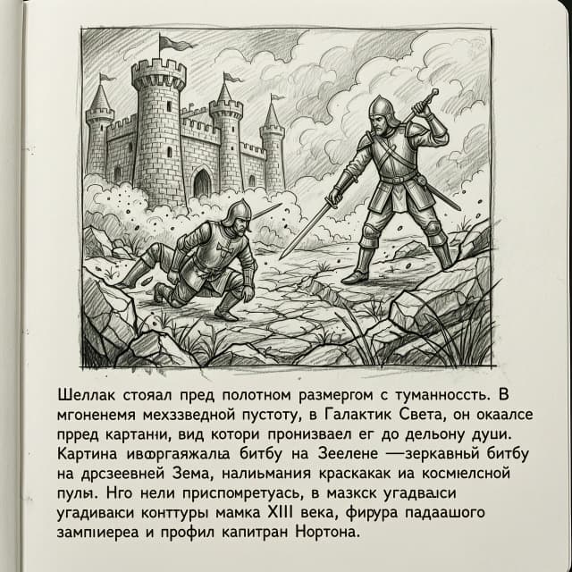 черно-белый рисунок карандашом без слов на рисунке
по тексту:  Шеллак стоял перед полотном размером с туманность. В мгновениях межзвёздной пустоты, в Галактике Света, он оказался перед картиной, вид которой пронизывал его до глубины души. Картина изображала битву на Зелене — зеркальную битву на древней Земле, написанную красками из космической пыли. Но если присмотреться, в мазках угадывались контуры замка XIII века, фигура падающего тамплиера и профиль капитана Нортона.