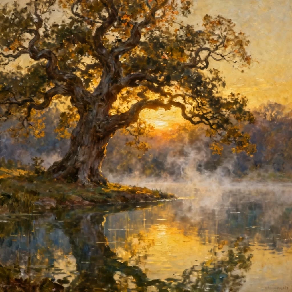 An ancient, gnarled oak tree stands majestic on the edge of a serene, glassy pond, its leaves catching the last golden rays of sunset. Wisps of mist rise from the water's surface, creating an ethereal atmosphere. The scene is rendered in a painterly realism style, reminiscent of John Singer Sargent's textured brushwork and Albert Bierstadt's majestic landscapes, with a focus on soft, glowing light and a harmonious color palette.