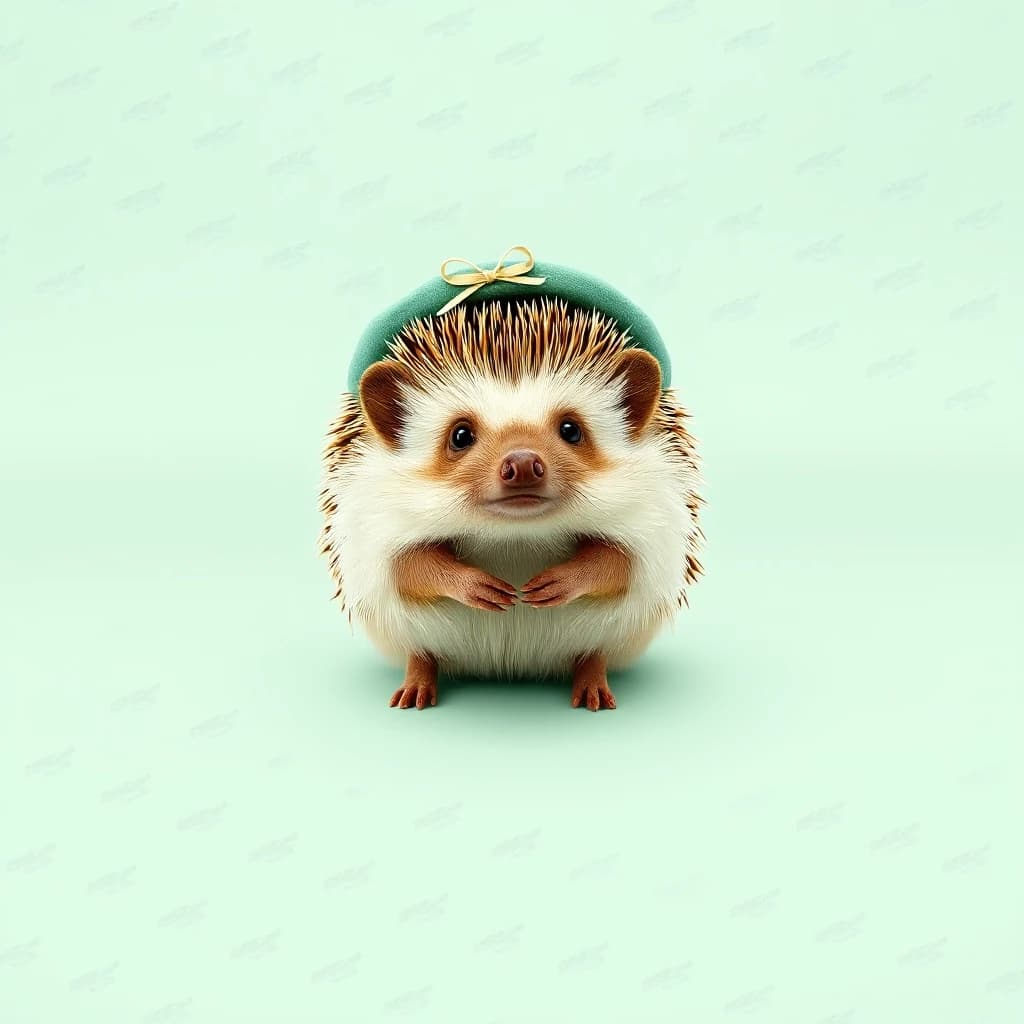 Draw a symmetrical frontal frame in the style of Wes Anderson for the A6 format. In the center is a full—length hedgehog, he stands in a calm pose, on his head is a miniature mint—colored hat with a thin ribbon. The background is smooth, matte mint, without unnecessary details. Palette: mint, brown, beige, white. The lighting is smooth, warm, and without harsh contrasts. High detail: the needles are worked out, the texture of the fabric of the hat, the proportions of the hedgehog are accurate. No labels. 8K, stylized to match a movie frame.