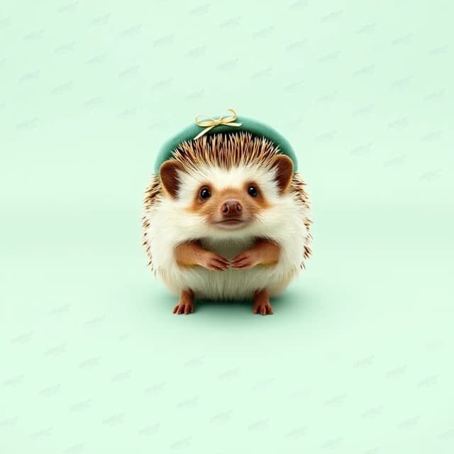 Draw a symmetrical frontal frame in the style of Wes Anderson for the A6 format. In the center is a full—length hedgehog, he stands in a calm pose, on his head is a miniature mint—colored hat with a thin ribbon. The background is smooth, matte mint, without unnecessary details. Palette: mint, brown, beige, white. The lighting is smooth, warm, and without harsh contrasts. High detail: the needles are worked out, the texture of the fabric of the hat, the proportions of the hedgehog are accurate. No labels. 8K, stylized to match a movie frame.