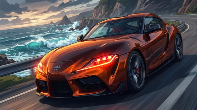 Toyota GR Supra 2026 года, едет по дороге, эпичный ракурс, горящие фары, на фоне моря с большими волнами, шедевр, крупный план, стиль аниме с реалистичными деталями