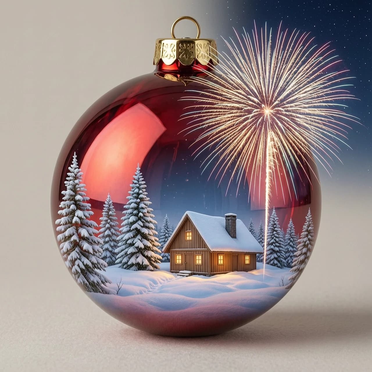 A hyperrealistic digital double exposure artwork for New Year's. Three distinct images are seamlessly blended: the detailed, reflective surface of a red glass bauble, a snowy fairytale landscape with a cozy cottage, and the vibrant, colorful explosion of a firework in a night sky. Expert mixing of textures – smooth glass, soft snow, sparkling light trails. Rendered in a trending Artstation style with extreme photorealism, intricate details, and a magical, layered composition that evokes holiday wonder.