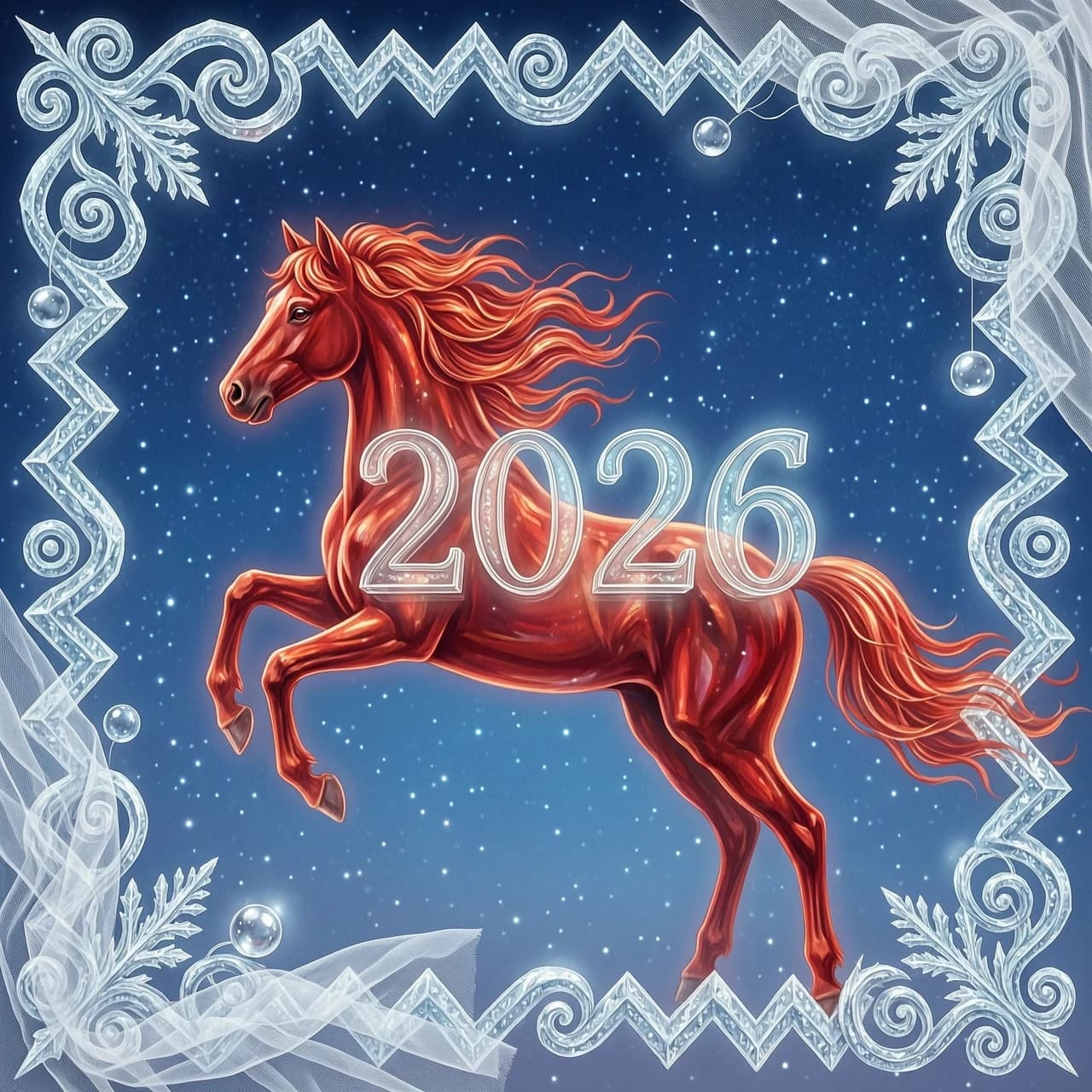 In the double exposure style. An ephemeral mythical creature in the form of a beautiful scarlet fiery horse with a long wavy mane collects the word "2026" from glass letters. In a jump. Background: bright blue night sky with grandiose continuous ornamental frosty patterns, zigzags, spirals of frost. Needles, transparent glass balls, silk, tulle. 
In the "Glitter" style: magical realism, natural symphony, shapes dissolve into color, lines flow like water, translucent layers with a watercolor texture, intricate ornaments at the corners of the composition.
Iridescence, lace, entourage, fantastic plot, New Year's tale, magic, whimsicality, originality. High detail, cinematic lighting, solemn festive atmosphere, realistic.