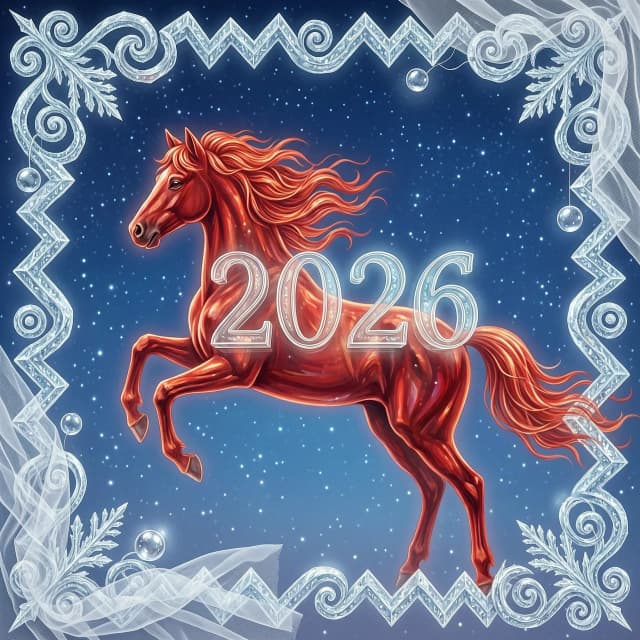 In the double exposure style. An ephemeral mythical creature in the form of a beautiful scarlet fiery horse with a long wavy mane collects the word "2026" from glass letters. In a jump. Background: bright blue night sky with grandiose continuous ornamental frosty patterns, zigzags, spirals of frost. Needles, transparent glass balls, silk, tulle. 
In the "Glitter" style: magical realism, natural symphony, shapes dissolve into color, lines flow like water, translucent layers with a watercolor texture, intricate ornaments at the corners of the composition.
Iridescence, lace, entourage, fantastic plot, New Year's tale, magic, whimsicality, originality. High detail, cinematic lighting, solemn festive atmosphere, realistic.