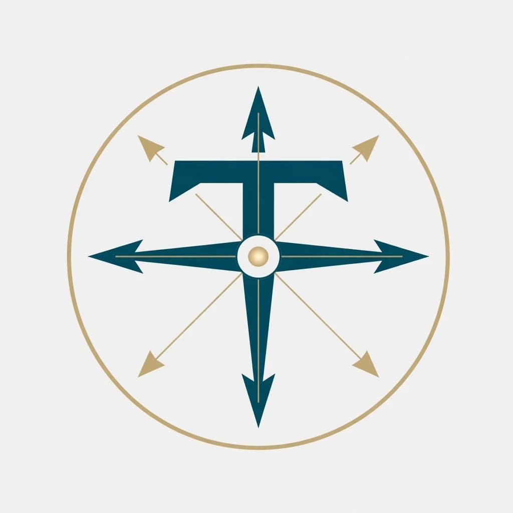Monogram-style vector logo. The letter "T" is cleverly integrated into a compass rose: the vertical stem of the "T" forms the main north-south axis, while the horizontal crossbar forms the east-west pointers. A glowing minimalistic dot sits at the intersection. The overall shape is enclosed in a subtle, thin circular ring. Style: ultra-minimalist, Bauhaus, geometric precision. Colors: deep teal and soft gold. Clean, intelligent, distinctive corporate identity. --ar 1:1 --v 6.0 --s 300 --no 3D, gradient, messy, generic