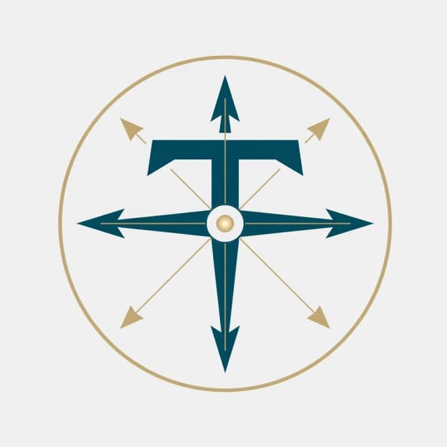 Monogram-style vector logo. The letter "T" is cleverly integrated into a compass rose: the vertical stem of the "T" forms the main north-south axis, while the horizontal crossbar forms the east-west pointers. A glowing minimalistic dot sits at the intersection. The overall shape is enclosed in a subtle, thin circular ring. Style: ultra-minimalist, Bauhaus, geometric precision. Colors: deep teal and soft gold. Clean, intelligent, distinctive corporate identity. --ar 1:1 --v 6.0 --s 300 --no 3D, gradient, messy, generic