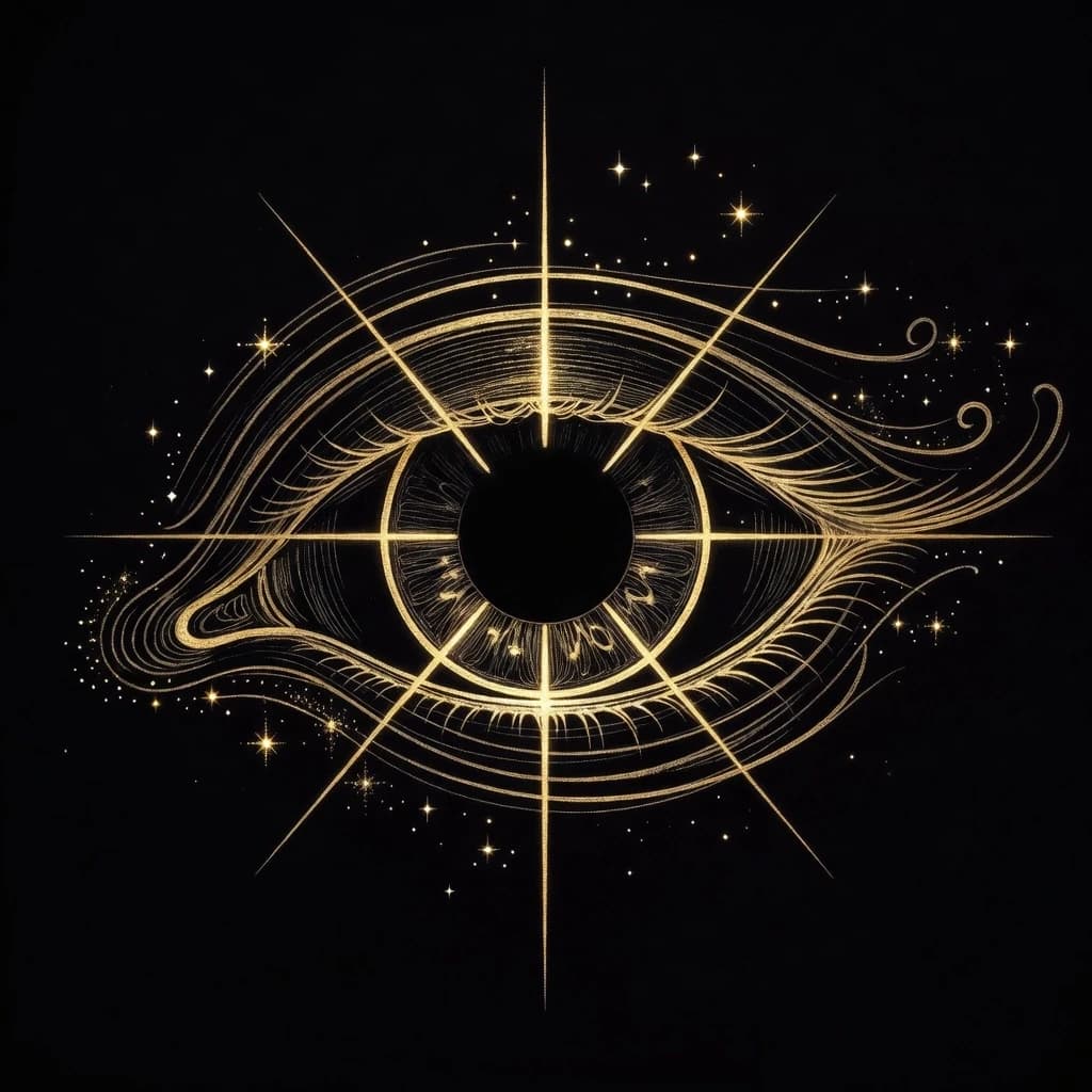 with irises as black as the darkness itself and surrounded by a golden rim with eight thin golden spokes. (Style): fantasy, fantasy art, shabby chic, rococo, baroque, art design, romance, close-up, high quality, gradient, grace, inner light, 4k, complex details, fairy tale, eyes, golden sparkles, gilding. (Eye color): black and gold, black with gilding. Subtle, fine fractal glitter bright girl's look lines ink sketch on a black background, (silhouette of pixie eyes), eye contours contours, gilded contour, pixie eye with black iris.
