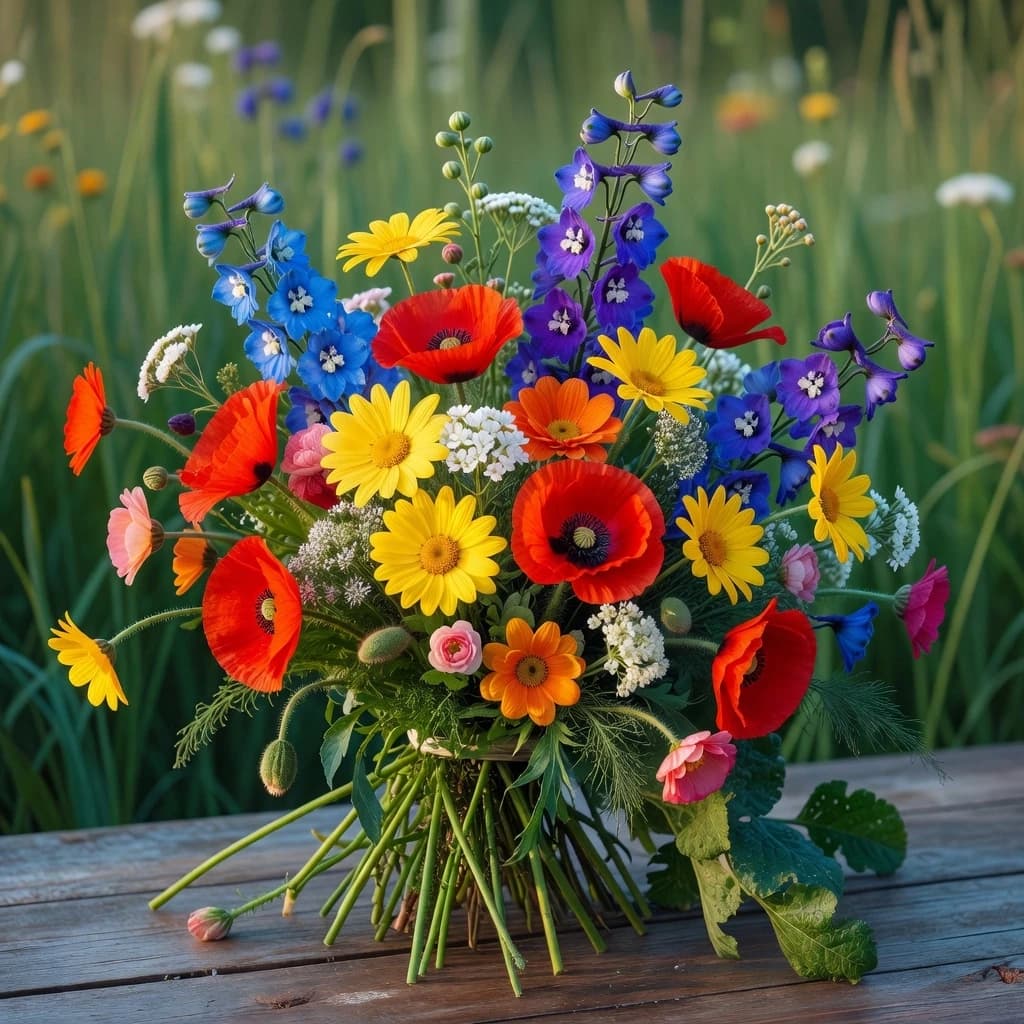 A bouquet of fresh wildflowers lying on the table. The composition uses bright colors: red poppies, yellow and orange daisies, blue and purple delphiniums, tiny white clusters and delicate pink buds. The stems and foliage are green. The background is a blurred meadow with green grass (bokeh effect). Daylight, soft sunlight, crisp details, realistic macro photography, floral aesthetics, vibrant colors, 8k, photorealistic.