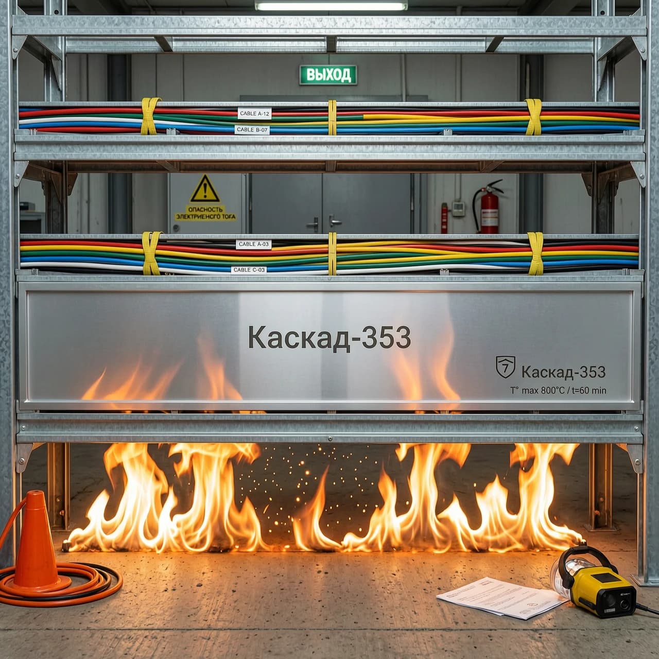 Вид на кабельную галерею сбоку. Три яруса кабельных лотков. Снизу языки пламени лижут нижний лоток. Между 1-м и 2-м ярусом установлена панель «Каскад-353», горизонтально лежит, прям под весь лоток, серебристо-серого цвета. Пламя отражается от экрана, а кабели на 2-м и 3-м ярусах остаются чистыми, видны цветные маркировки жил. Акцент на легкости конструкции (видно, что крепления простые, Каскад-353 лежит на тех же полках, что и лежит сам лоток) и эффективности разделения.