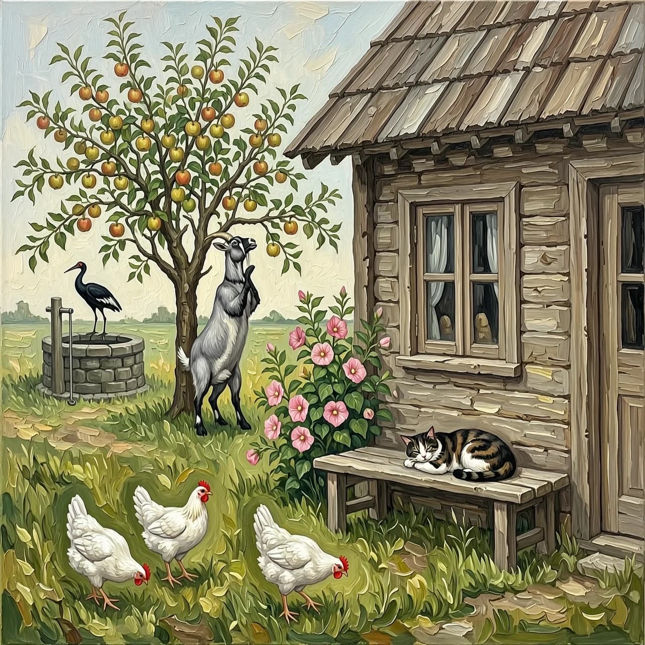 Рисунок маслом. Дом деревенский с двумя окнами. На заднем плане яблоня, серая коза стоит на задних лапах пытается достать верхнее яблоко. За яблоней  очень старый колодец с журавлем. Перед окнами скамья без спинки, на ней спит кот. На углу дома цветет мальва. Гуляют  три белые курицы
