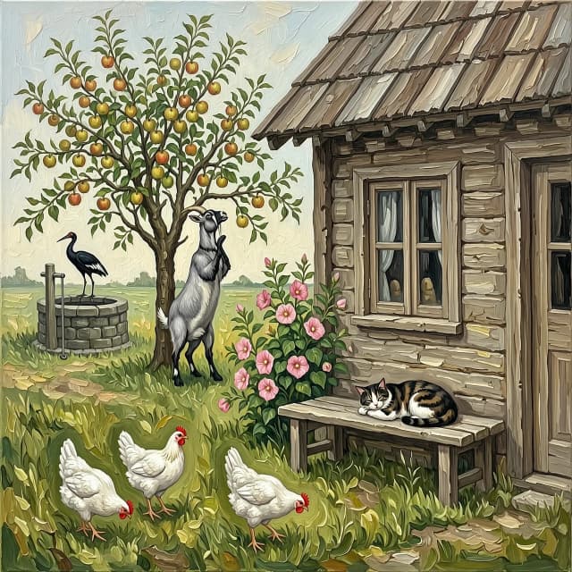 Рисунок маслом. Дом деревенский с двумя окнами. На заднем плане яблоня, серая коза стоит на задних лапах пытается достать верхнее яблоко. За яблоней  очень старый колодец с журавлем. Перед окнами скамья без спинки, на ней спит кот. На углу дома цветет мальва. Гуляют  три белые курицы