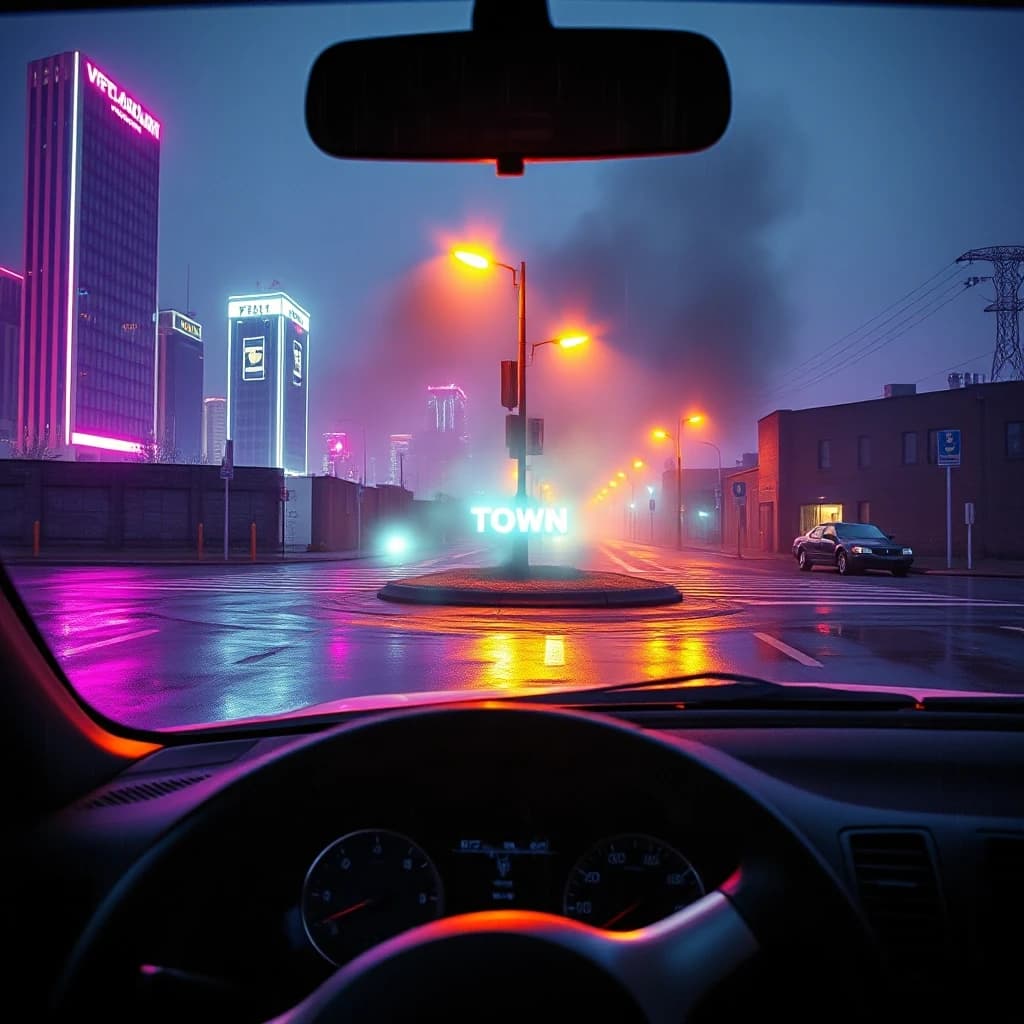 Album cover for a phonk track titled "Town", 1024x1024 pixels. Cinematic view of a menacing Eastern European or American industrial city skyline at 3 AM under heavy rain. The scene is viewed from the dashboard of a blacked-out muscle car with the steering wheel visible in the bottom foreground. Intense purple and cyan neon lights from distant skyscrapers reflect off the wet asphalt, creating long lens flare. A single old-fashioned streetlamp casts harsh pools of warm yellow light on the empty intersection. Thick mist rises from the sewers. In the center of the composition, integrated into the environment like a hologram or spray-painted ghost on a brick wall, is the title "TOWN" in distorted retro cyberpunk font. Gritty lo-fi texture, heavy film grain, VHS scanlines, chromatic aberration, high contrast cinematic lighting, cold shadows — ar 1:1 — style raw