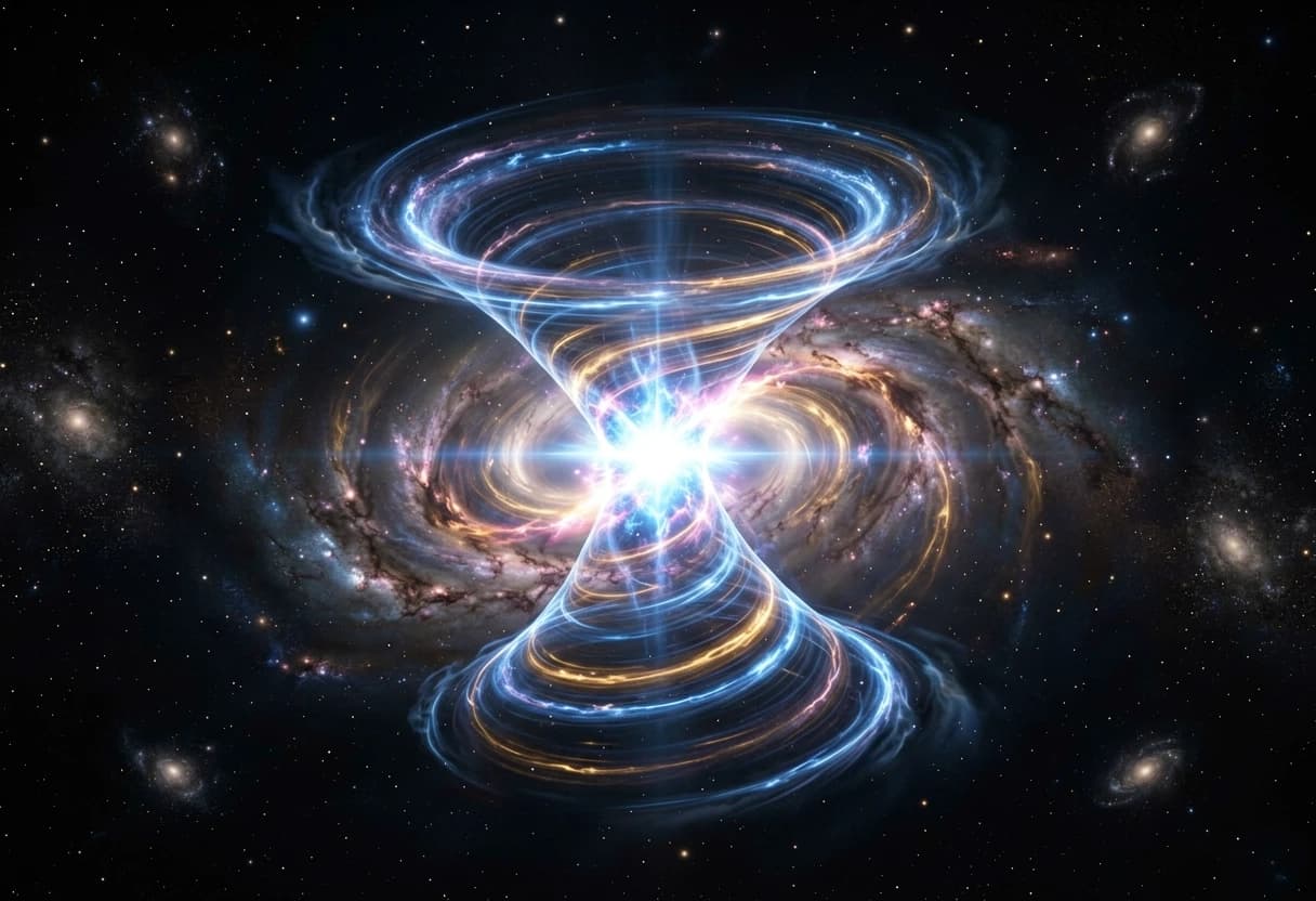 "A massive galactic quantum spiral shaped like an hourglass, consisting of two gigantic rotating energy funnels that taper and meet at the exact center. A blinding quantum flash explosion occurs at the convergence point where the funnels touch. Side view emphasizing the 3D volumetric structure and depth. The image highlights the boundless vastness of space with countless shimmering stars in the deep black background. Cinematic lighting, photorealistic, 8k resolution, epic scale, glowing energy filaments.