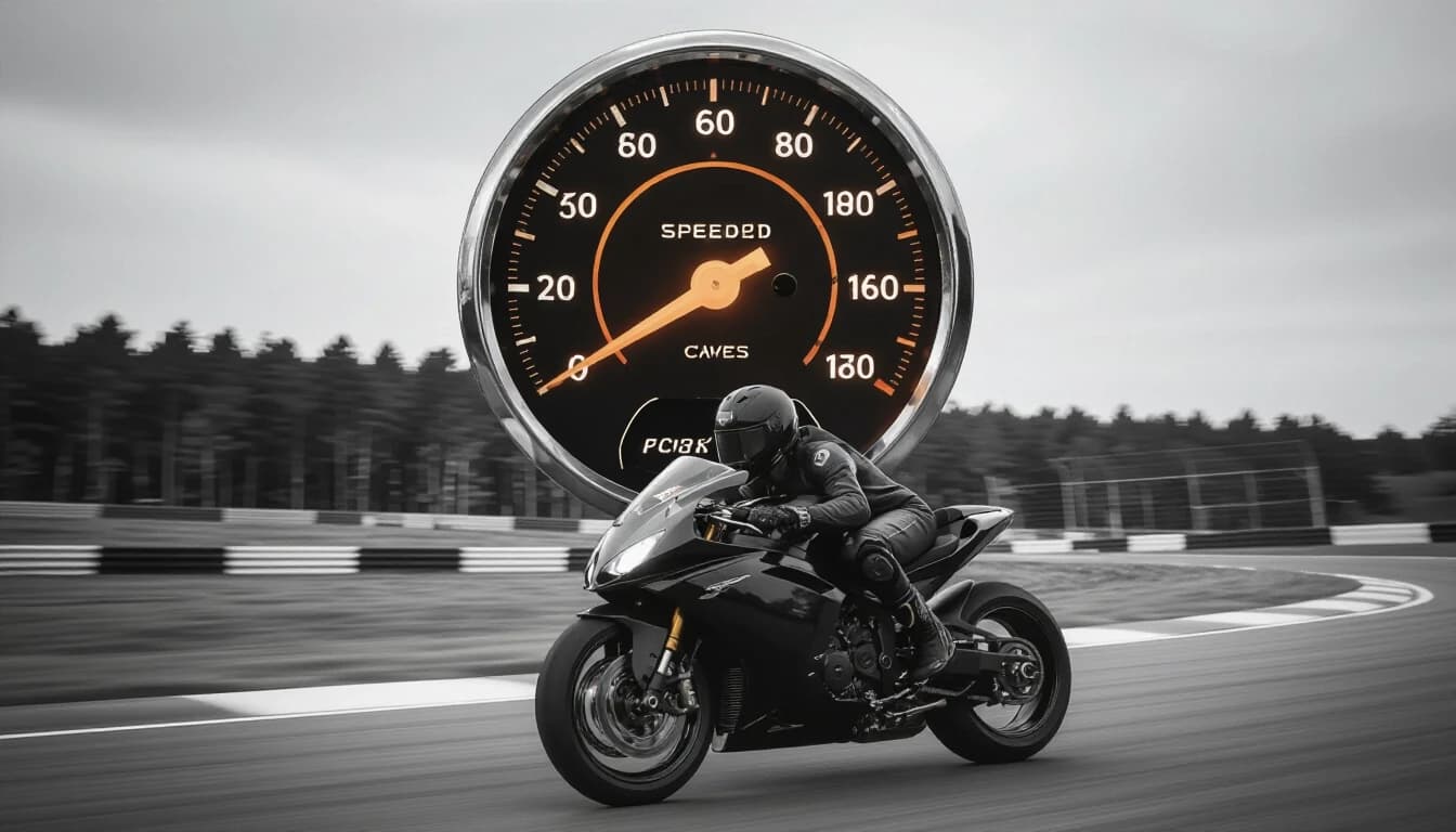 A striking black-and-white, high-speed shot of a motorcyclist on a racetrack; superimposed at the top of the frame is a large, glowing speedometer showing ascending increments—20, 40, 60, 80, 100, 120, 140, 160—with the needle pushed past the 160 mark. The motorcycle features a sleek, modern design, and the rider is clad in a full leather suit and helmet. A blurred background of trees and a cloudy sky accentuates the sense of motion and speed. The image’s overall aesthetic—rugged and dynamic—captures the raw thrill of extreme-speed riding.