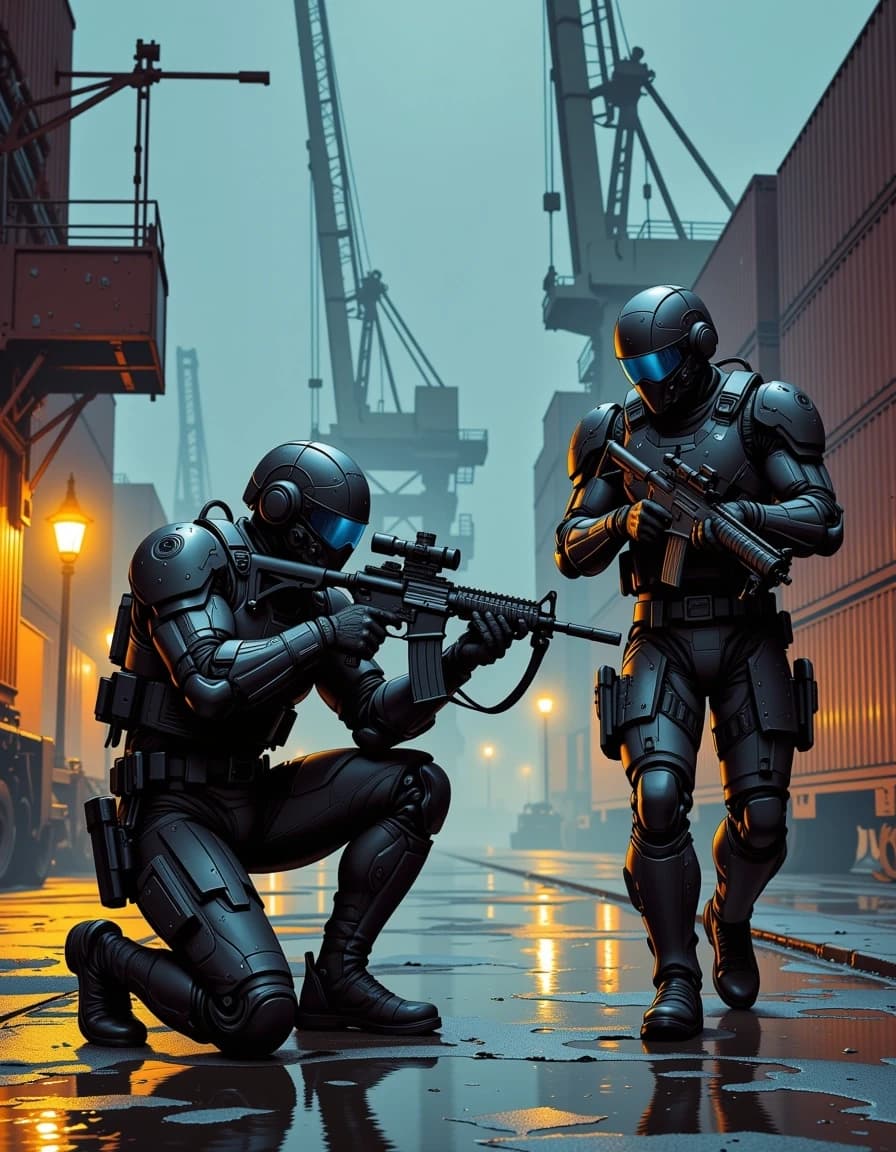A masterpiece,  in the style of the 1980s, with bold lines, dynamic strokes and rich textures, on background with a touch of nostalgia, perhaps with subtle drawings inspired by cellulose and vintage, worn textures similar to paper, oil painting, Two futuristic special-ops soldiers in carbon-fiber exosuits move cautiously along a foggy industrial dock at night, one kneeling in the foreground aiming a high-tech rifle with blue energy accents, the other standing slightly behind covering with a similar weapon. Helmets are multi-lensed, tactical, with mechanical joints and tubing, scratched metal and camo fabric under-armor visible. Rain-slick cobblestones and puddles reflect dock lights, stacked shipping containers, and towering cranes in soft, volumetric fog. Moody desaturated blue-gray palette with subtle warm orange rim highlights, strong specular reflections on metal, worn textures, chipped paint, realistic weathering. Cinematic low-angle three-quarter view, shallow depth of field, dramatic rim and practical light sources, ultra-detailed photorealistic concept art with painterly brushwork, high resolution, crisp foreground detail, atmospheric background blur, tense stealth atmosphere, dynamic composition, dramatic lighting, film grain and subtle motion blur on minor elements.