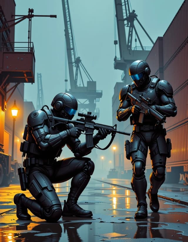 A masterpiece,  in the style of the 1980s, with bold lines, dynamic strokes and rich textures, on background with a touch of nostalgia, perhaps with subtle drawings inspired by cellulose and vintage, worn textures similar to paper, oil painting, Two futuristic special-ops soldiers in carbon-fiber exosuits move cautiously along a foggy industrial dock at night, one kneeling in the foreground aiming a high-tech rifle with blue energy accents, the other standing slightly behind covering with a similar weapon. Helmets are multi-lensed, tactical, with mechanical joints and tubing, scratched metal and camo fabric under-armor visible. Rain-slick cobblestones and puddles reflect dock lights, stacked shipping containers, and towering cranes in soft, volumetric fog. Moody desaturated blue-gray palette with subtle warm orange rim highlights, strong specular reflections on metal, worn textures, chipped paint, realistic weathering. Cinematic low-angle three-quarter view, shallow depth of field, dramatic rim and practical light sources, ultra-detailed photorealistic concept art with painterly brushwork, high resolution, crisp foreground detail, atmospheric background blur, tense stealth atmosphere, dynamic composition, dramatic lighting, film grain and subtle motion blur on minor elements.