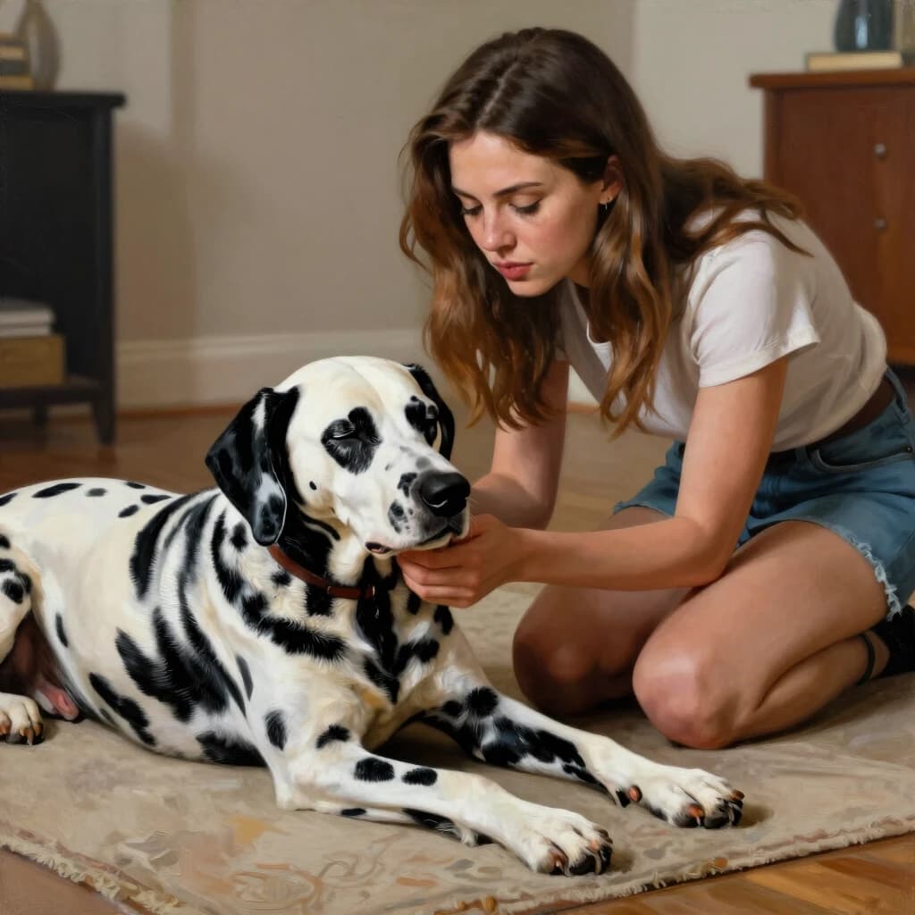 A realistic painting of a young beautiful woman saying goodbye to an old Dalmatian dog. He is lying on the floor on a rug. The dog's eyes are closed. The woman is kneeling and holding the dog's front paws.
