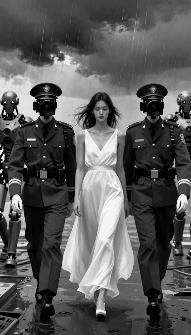 Two figures in dark uniforms walk with camera heads for faces, while a woman in a flowing white dress walks between them under a stormy sky. Apply the desaturate treatment to reshape this scene into a monochrome world where only her gown retains its luminous presence against the grayed surroundings and mechanical forms., digital painting, velithra, YFG-Acrylic style, YFGGigerish style, YFGGraavi, YFGGraavi style, YFGHidden style, YFGRene style, YFG-SimonFlood style, YFG-SRS style <lora:Digital_Painting_Krea2:0.16> <lora:krea2_sunsetblur:0.13> <lora:YFG-Acrylic-Krea2_2k-v1:0.17> <lora:YFG-ChatGPT_4o-Krea2_1.5k-v1:0.13> <lora:YFG-FutureIsDark-Krea2_1k-v1:0.21> <lora:YFG-SpyWorld50s-Krea2_1.5k-v1:0.13> <lora:YFG-Thorn-Krea2_3.2k-v1:0.12> <lora:zy_Cinematic_Shot_K2:0.11>
Steps: 8, Sampler: er_sde_simple, Seed: 748971081827807, VAE: Krea2\qwen_image_vae.safetensors, Model: Krea\krea2_turbo_fp8_scaled.safetensors, width: 1248, height: 1872, Model hash: eb4dd8c612, Clip skip: 1